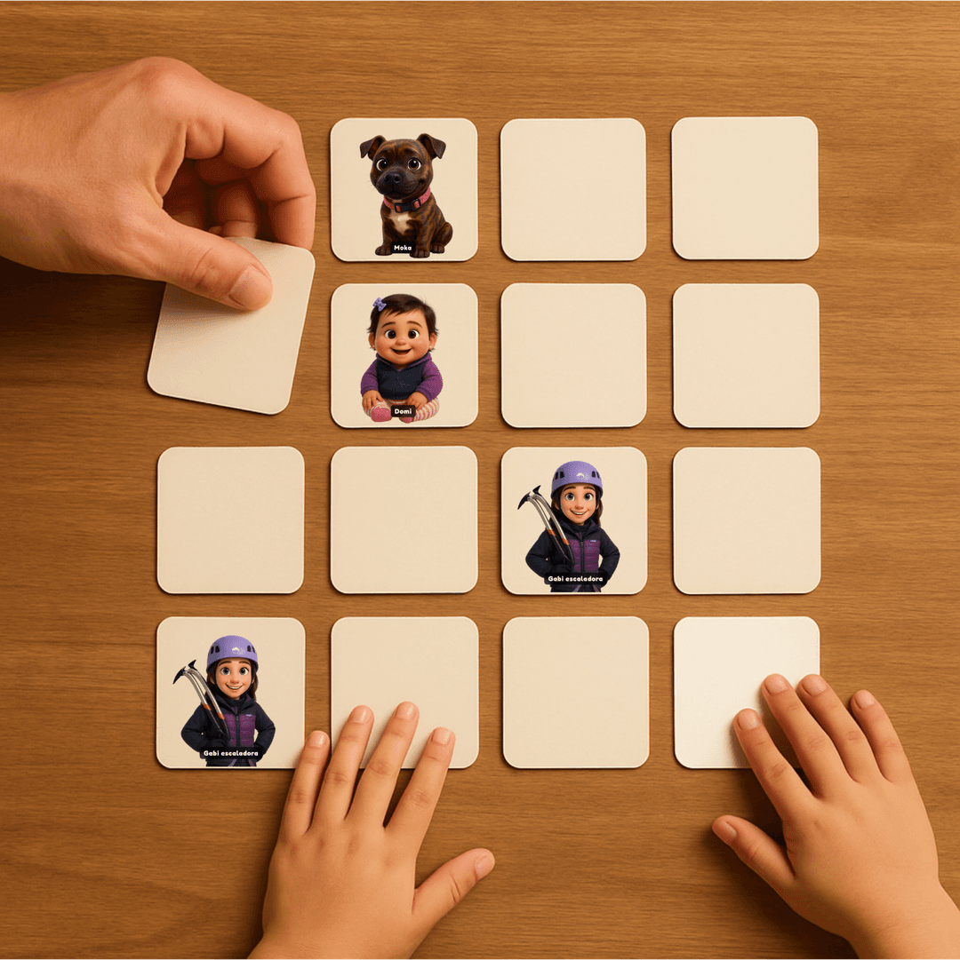 Memoripa - juego de memoria personalizado siendo jugado por una familia
